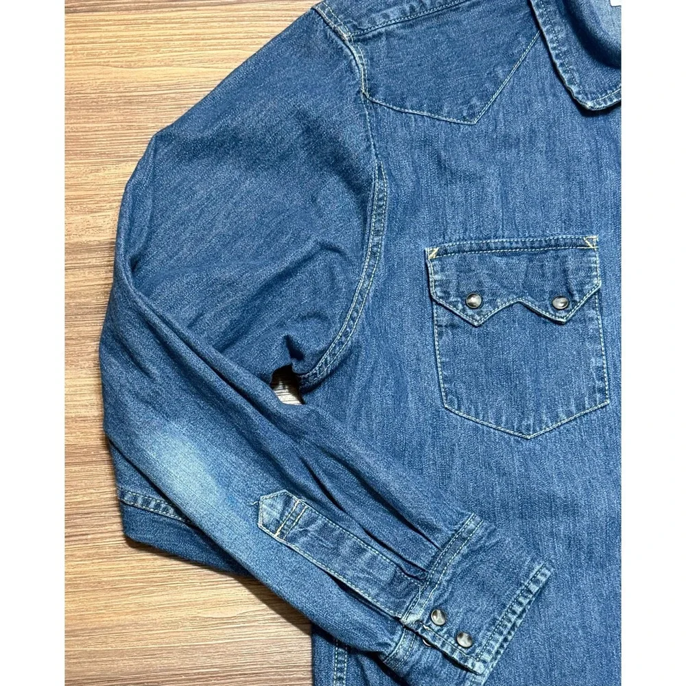 Levis Shorthorn Sawtooth Western Denim Shirt Medium Wash Pearl Snap Men's Sz XL